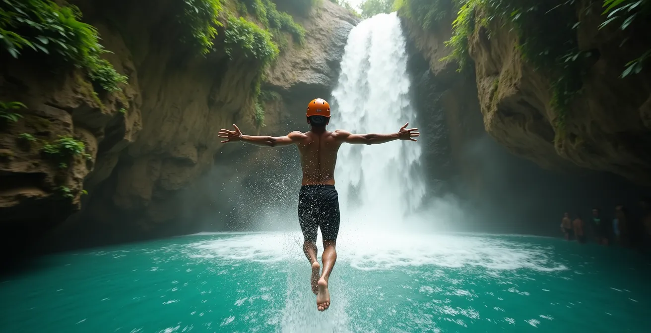 Aventurero saltando en las aguas cristalinas de los Charcos de Damajagua