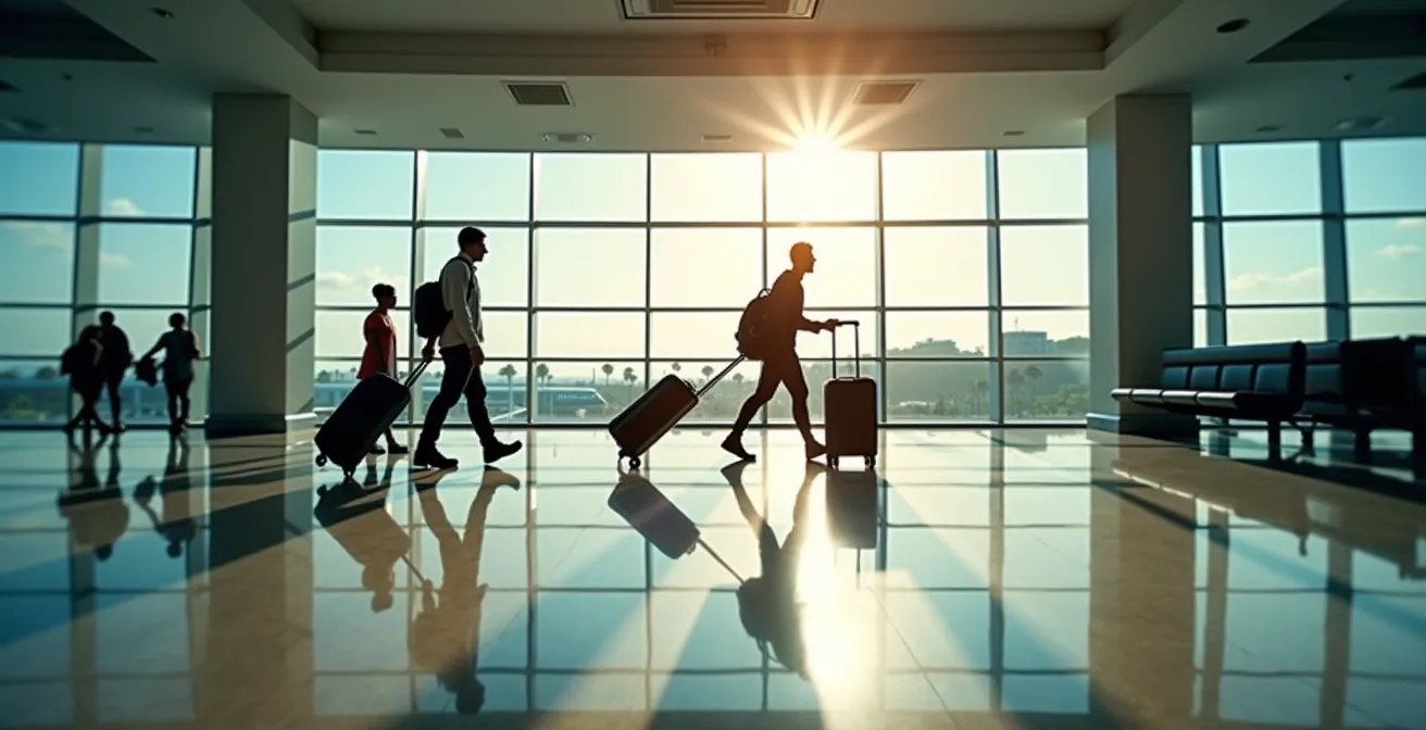 Terminal del aeropuerto de Punta Cana con viajeros caminando en perspectiva amplia