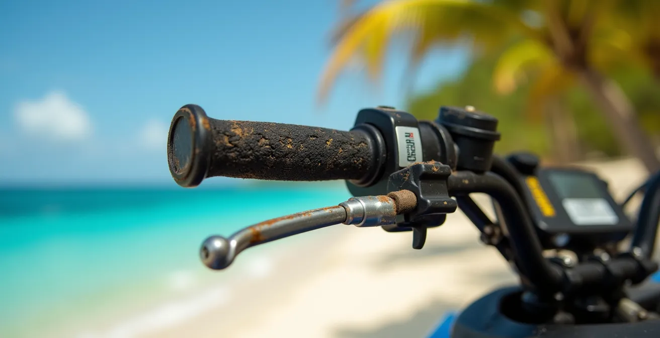 Primer plano macro de manillar de quad ATV con arena de playa y palmeras desenfocadas al fondo