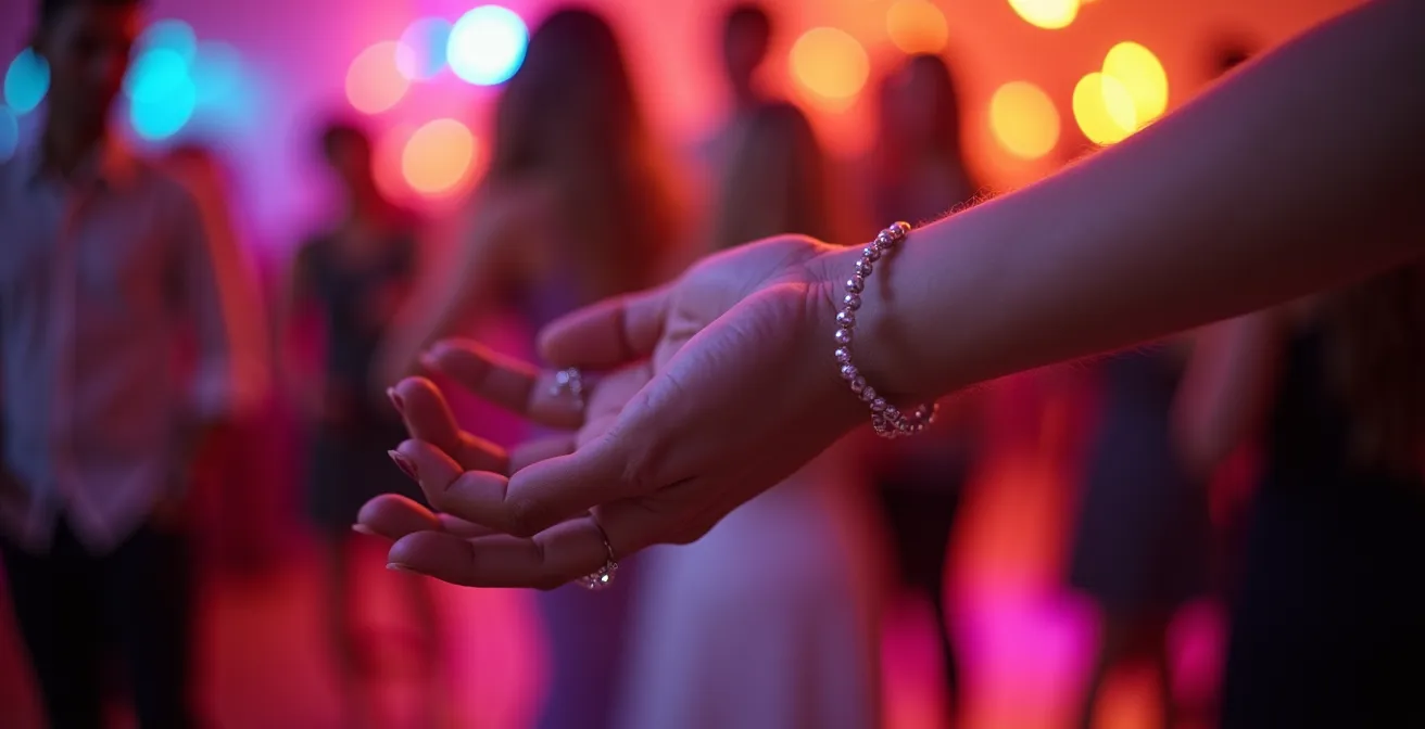 Manos extendidas invitando a bailar en pista con luces difusas de colores