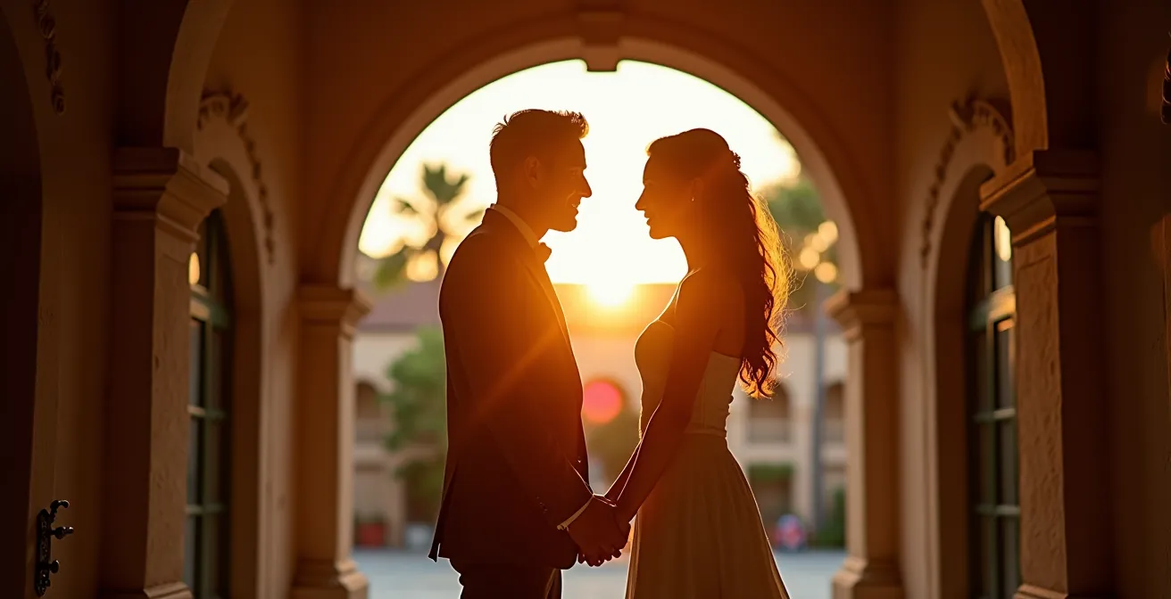Pareja bajo arcos de medio punto coloniales con luz dorada del atardecer