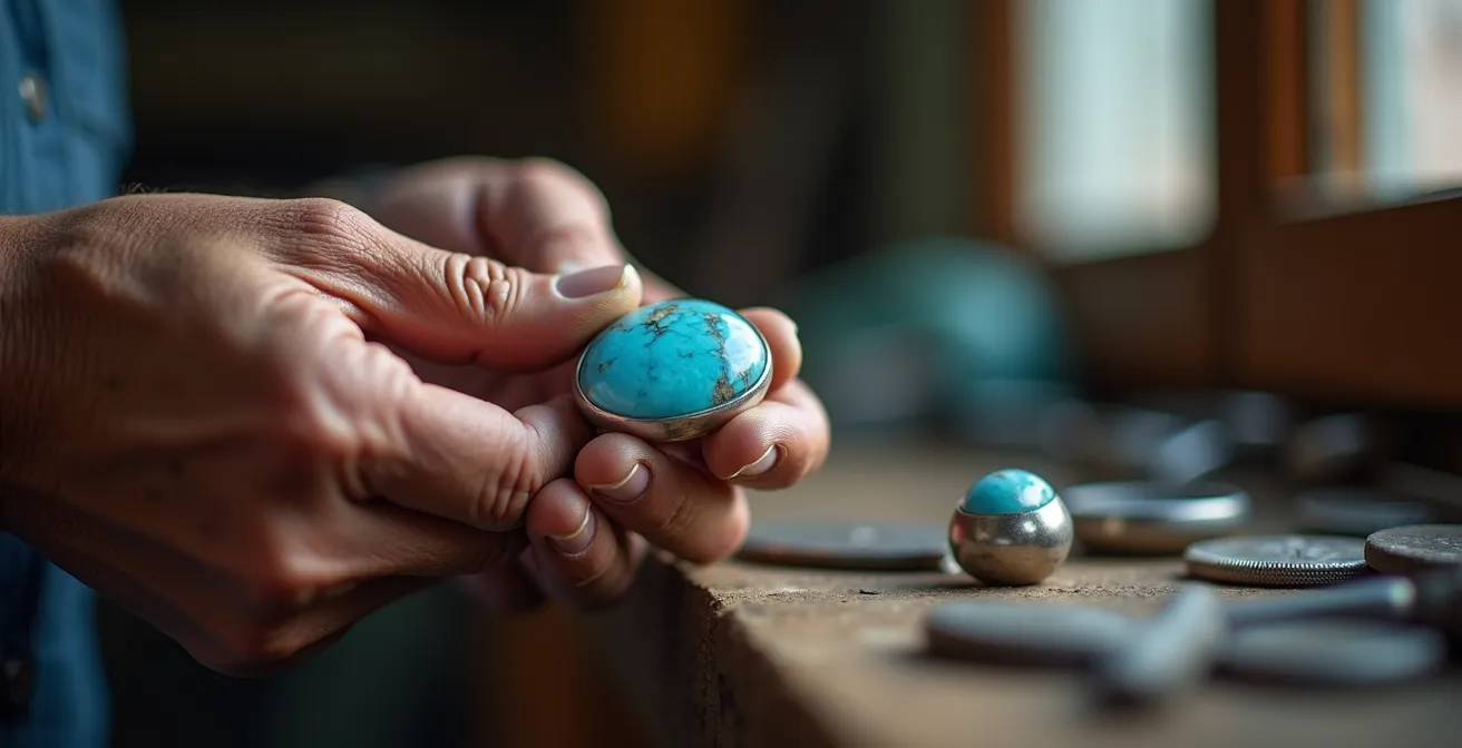 Manos de artesano dominicano puliendo joya de Larimar azul