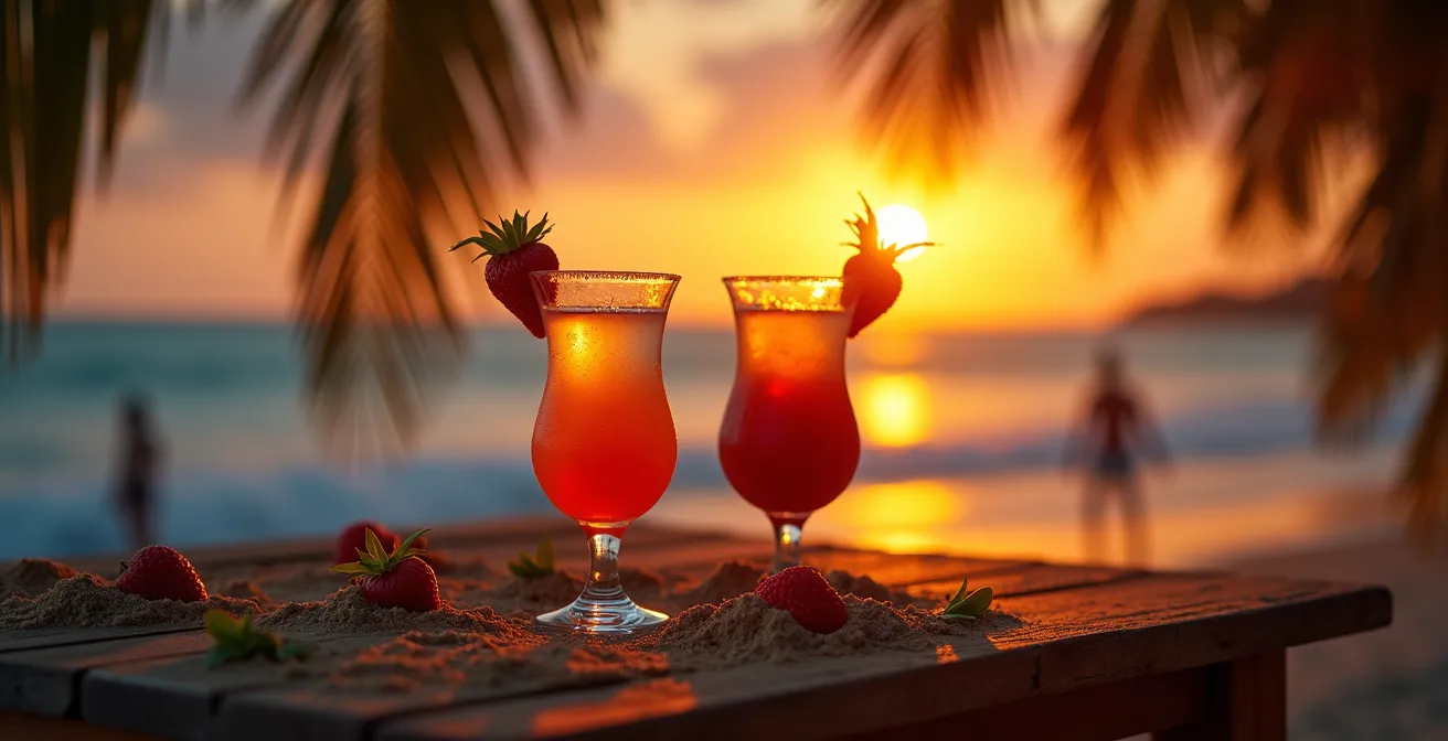 Mesa en la arena con cócteles tropicales durante puesta de sol entre palmeras