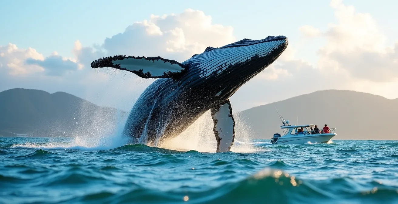 Ballena jorobada realizando un salto espectacular en las aguas de la Bahía de Samaná