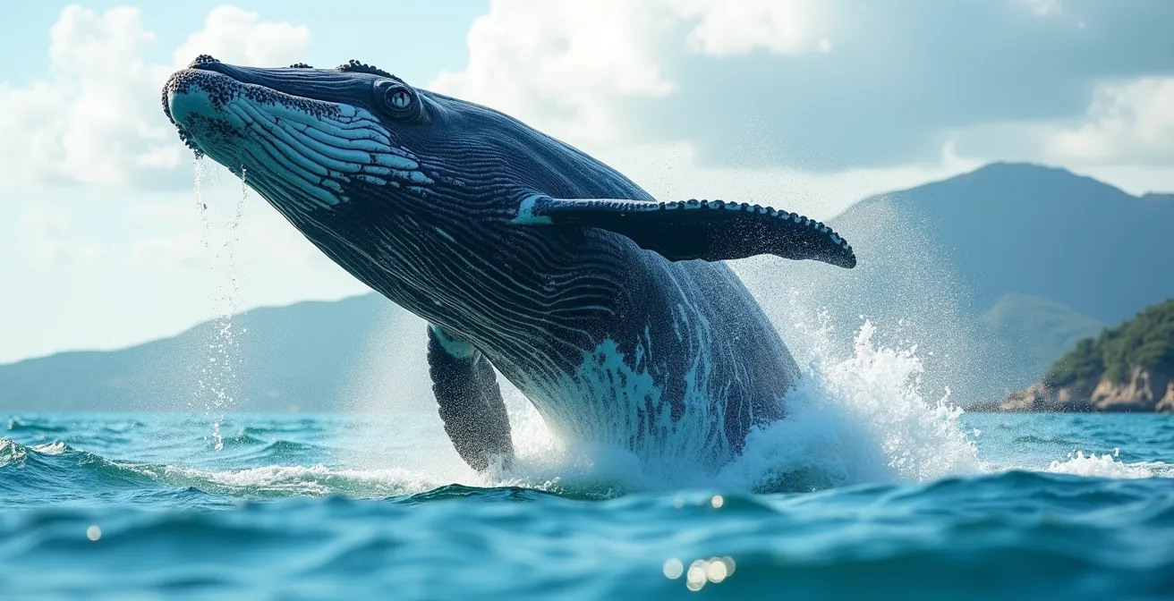 Ballena jorobada emergiendo del agua turquesa en la Bahía de Samaná con montañas al fondo