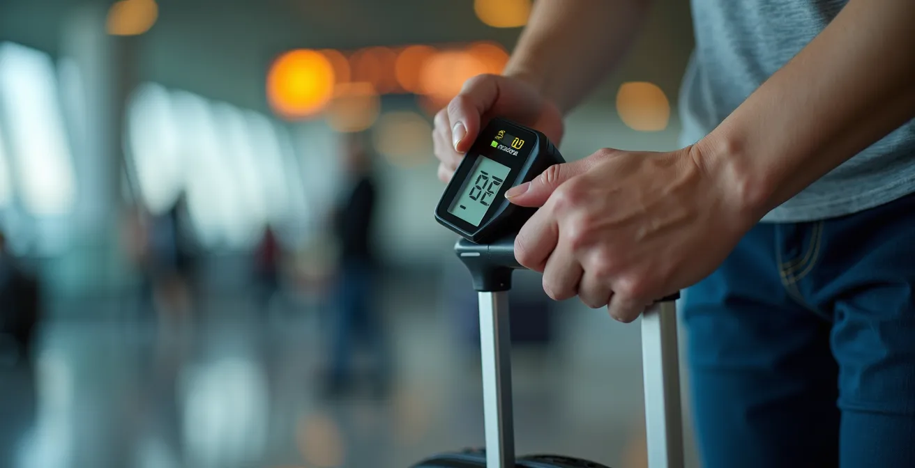 Báscula portátil pesando maleta de viaje en terminal de aeropuerto