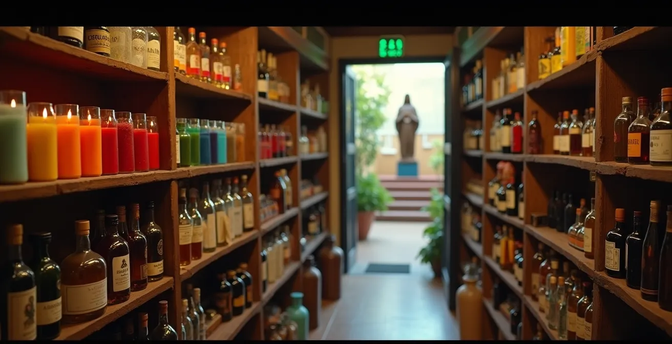 Interior de botánica dominicana mostrando iconografía religiosa y velones de colores