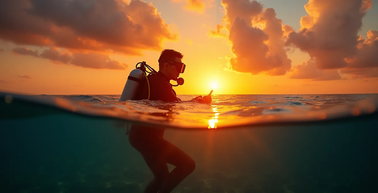 Buceador emergiendo del agua al atardecer con equipo de buceo en el Caribe