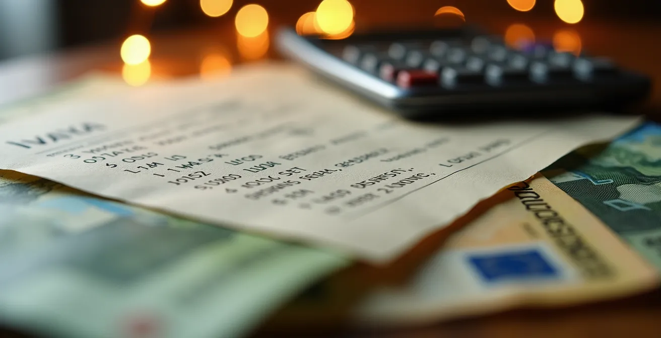 Mesa con calculadora, billetes de diferentes divisas y factura de hotel mostrando cargos adicionales