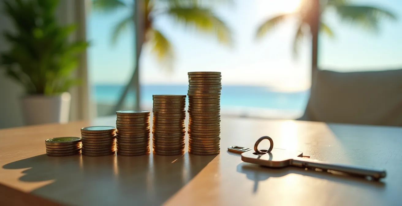 Calculadora digital mostrando comparación de costos entre villa y hotel en pantalla