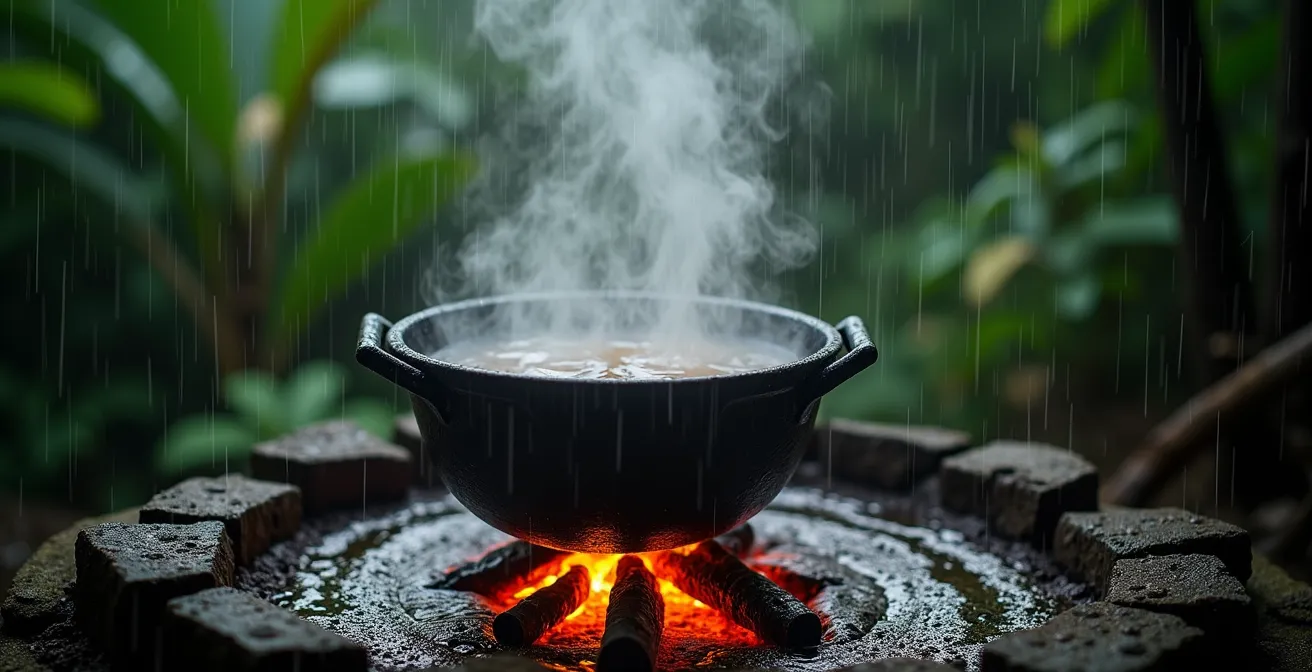 Caldero de hierro fundido con sancocho cocinándose bajo la lluvia tropical con vapor mezclándose con gotas