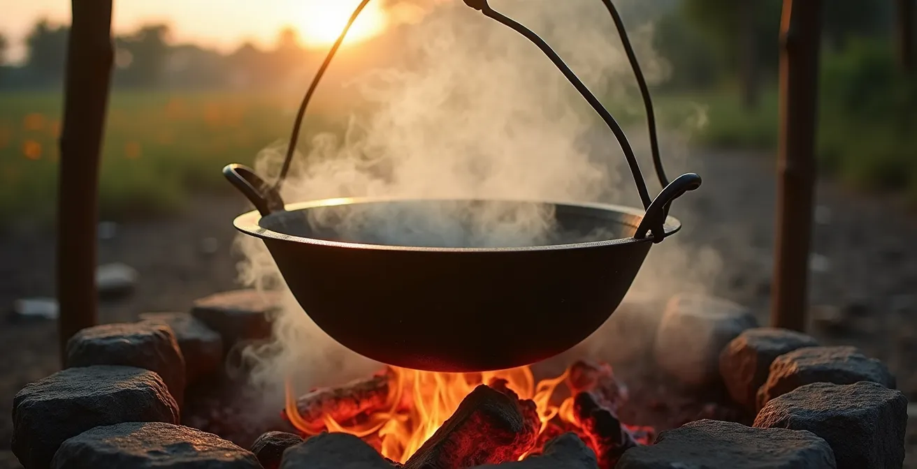 Caldero de hierro sobre fuego de leña en cocina tradicional dominicana