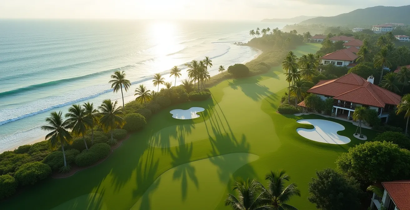 Vista aérea de campo de golf junto al mar con villas de lujo en República Dominicana
