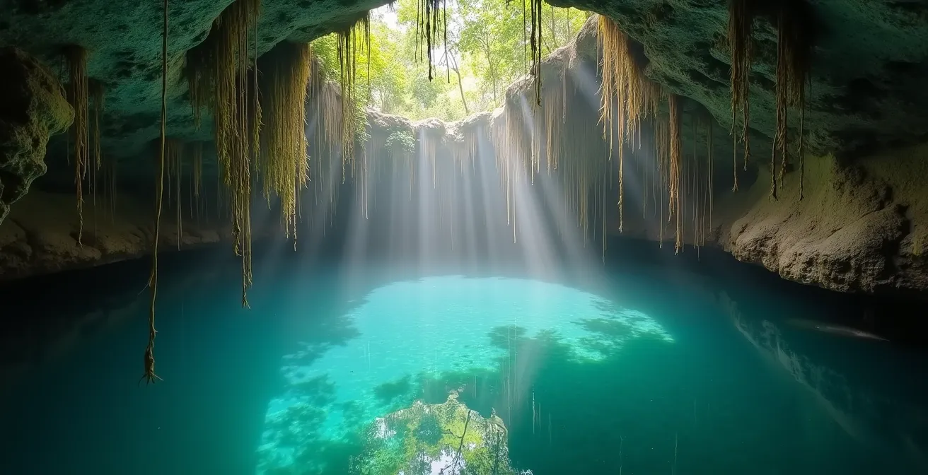 Cenote cristalino rodeado de vegetación tropical en el Parque Nacional Los Haitises al amanecer