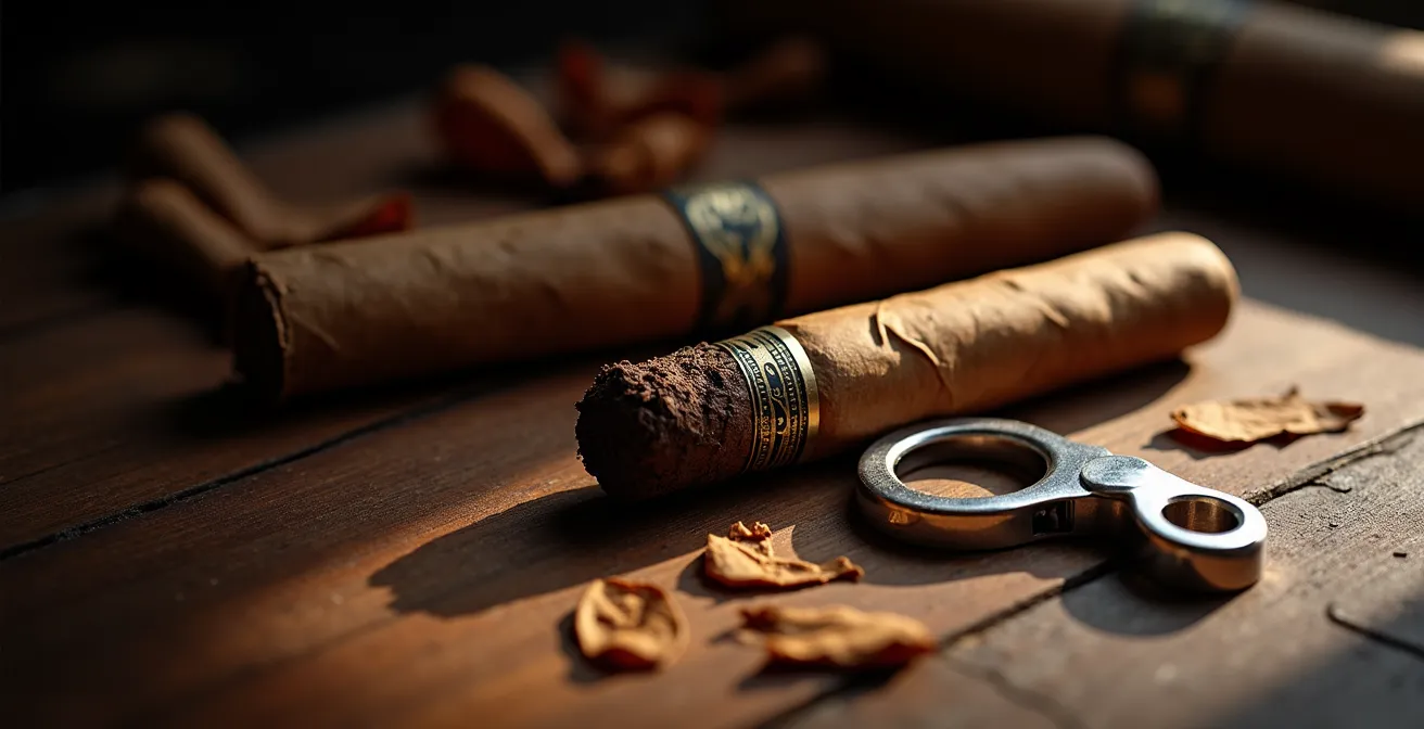 Cigarro dominicano junto a cortador profesional sobre mesa de madera noble