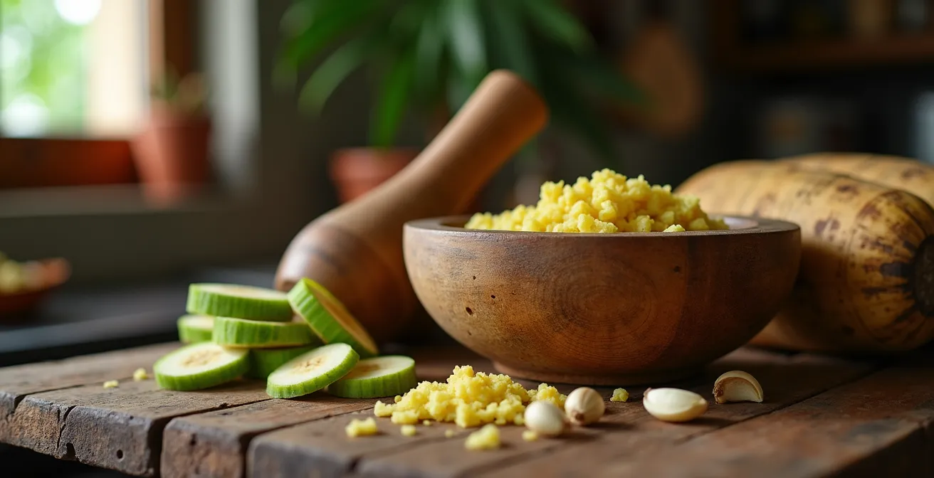 Cocina con utensilios tradicionales dominicanos para preparar plátanos y yuca