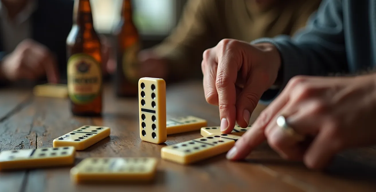 Partida de dominó en colmado tradicional dominicano con jugadores locales