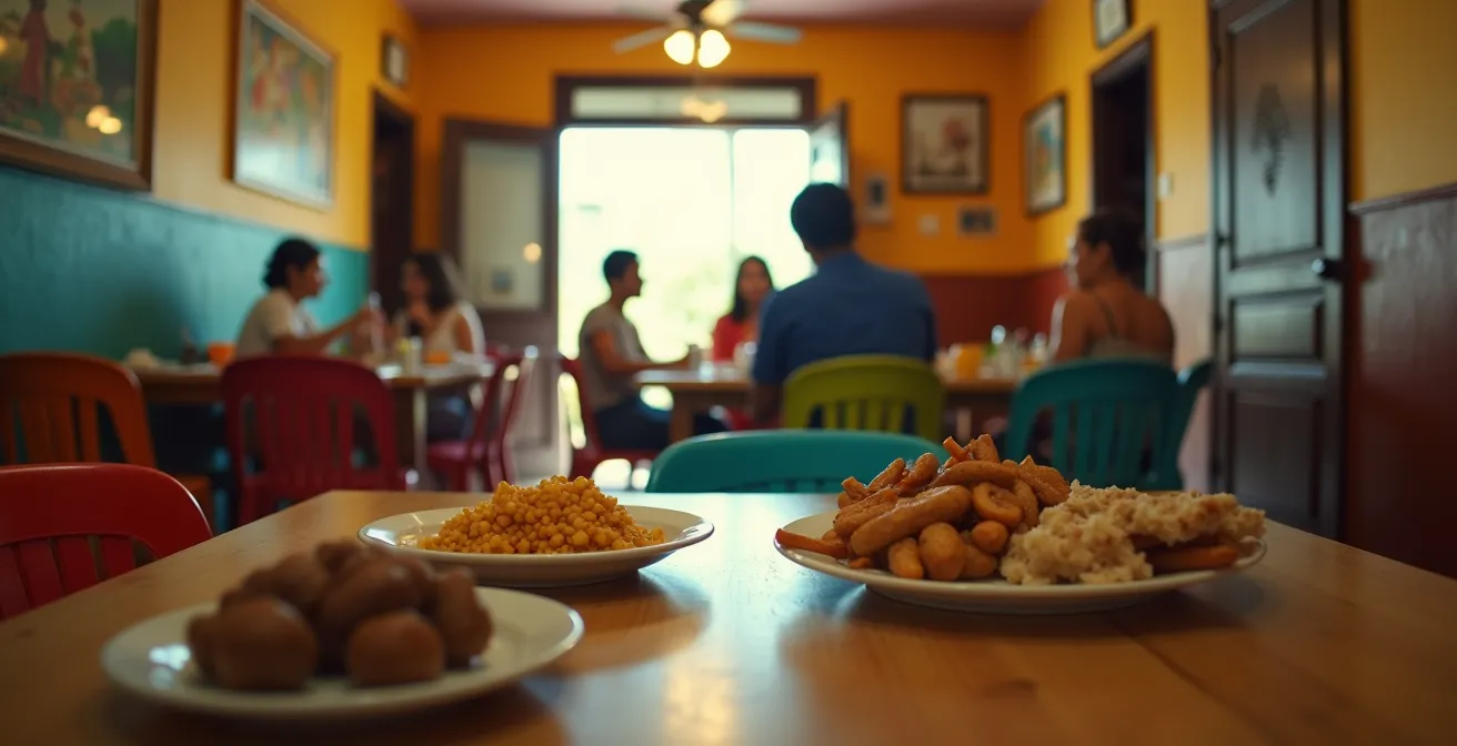 Interior acogedor de comedor local con platos tradicionales dominicanos sobre mesa de madera