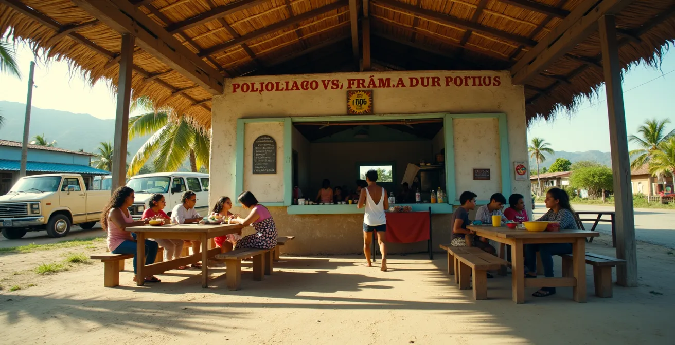 Comedor típico de carretera dominicano con camioneros y familias locales disfrutando del almuerzo tradicional