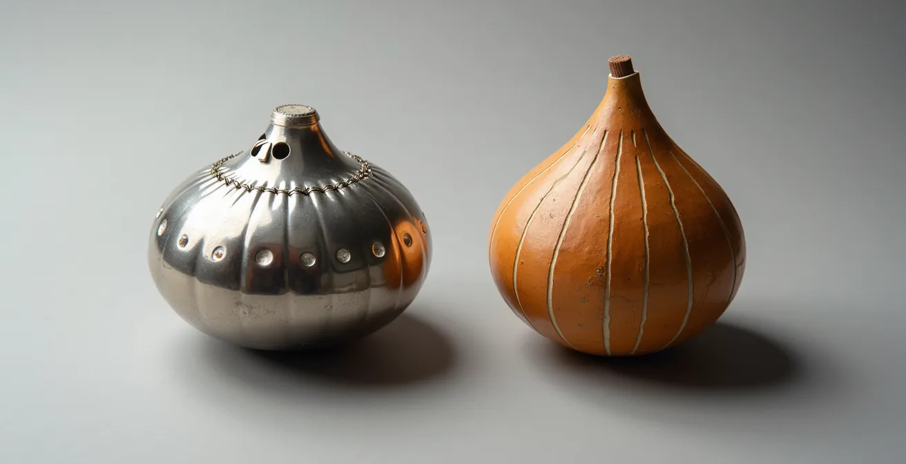 Güira metálica dominicana junto a güiro de calabaza cubano mostrando texturas contrastantes