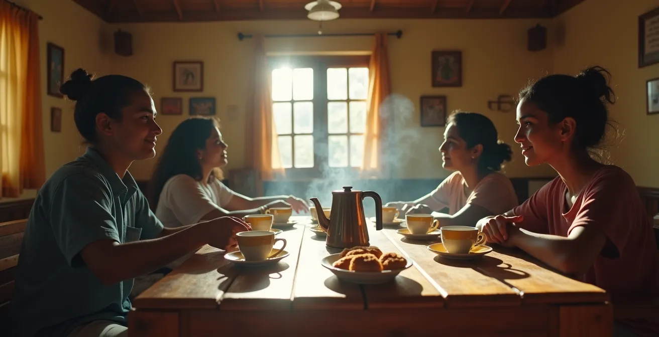 Familia dominicana compartiendo café y comida tradicional en casa rural