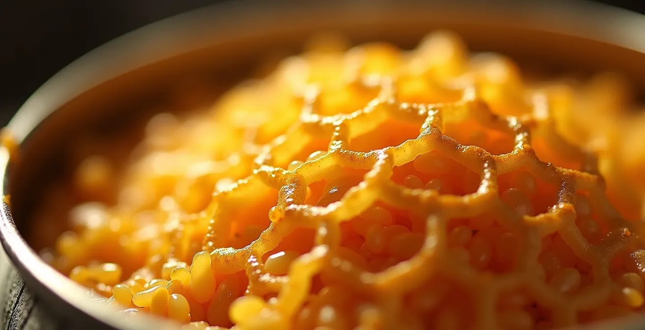 Detalle macro del concón dorado y crujiente en el fondo del caldero