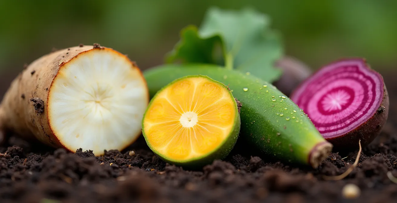 Vista aérea de un conuco dominicano mostrando la disposición tradicional de cultivos mixtos