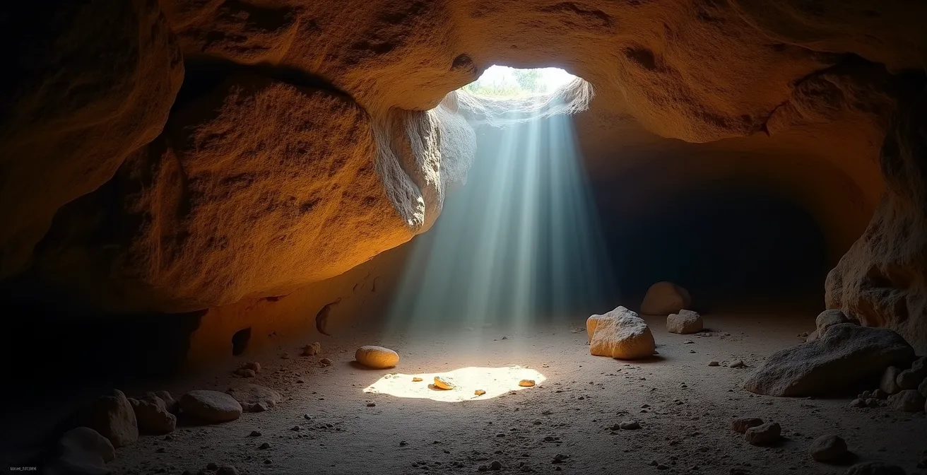 Interior de cueva con petroglifos taínos iluminados por luz natural filtrada