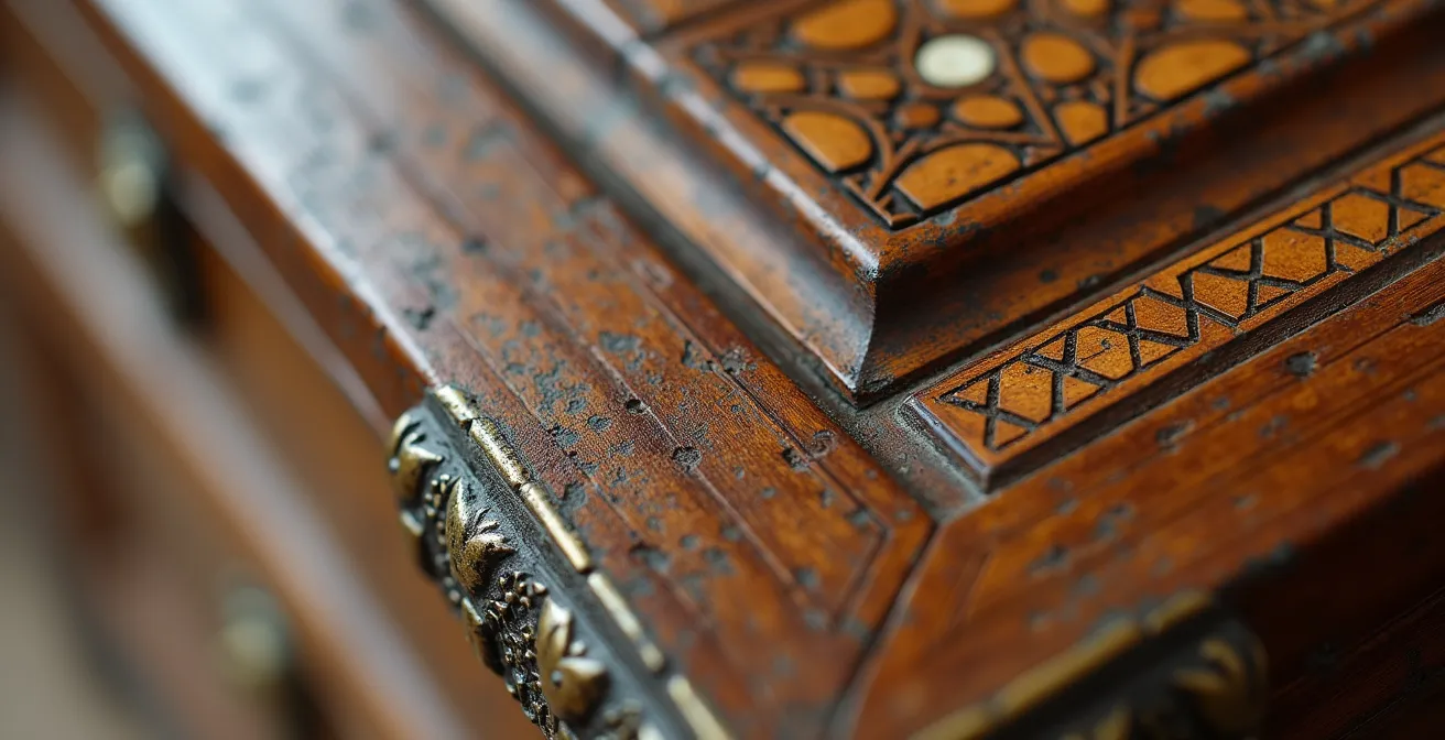 Detalle macro de un bargueño colonial con intrincados trabajos de marquetería