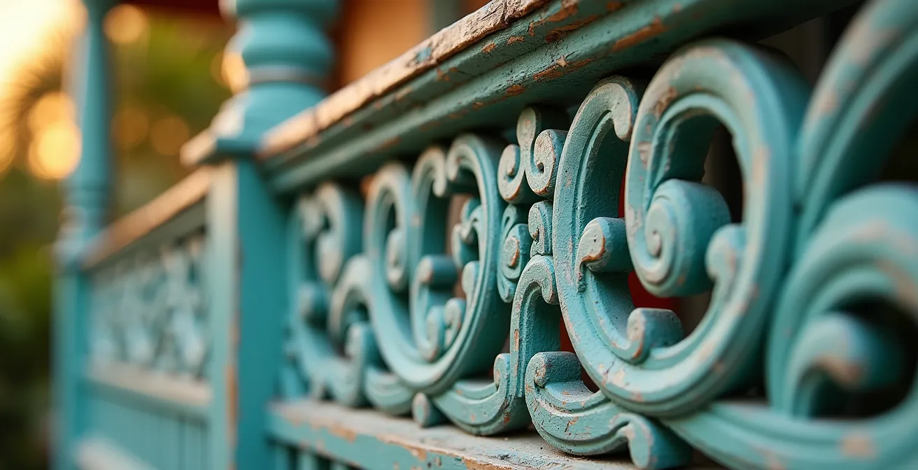 Detalle macro de ornamentos de madera tallada gingerbread con luz lateral dorada creando texturas y sombras
