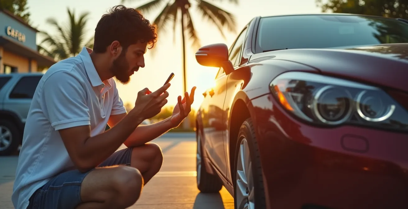 Conductor revisando meticulosamente un vehículo de alquiler con checklist en mano en República Dominicana