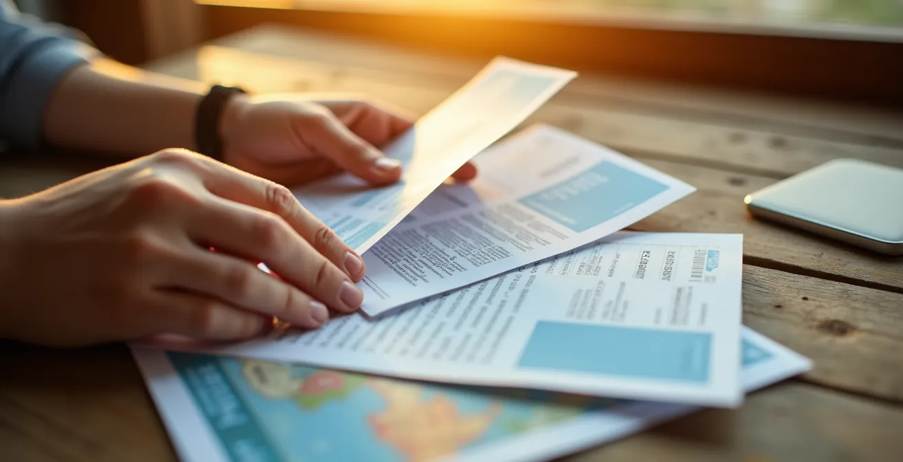 Manos sosteniendo documentos de viaje y póliza de seguro sobre mesa de madera