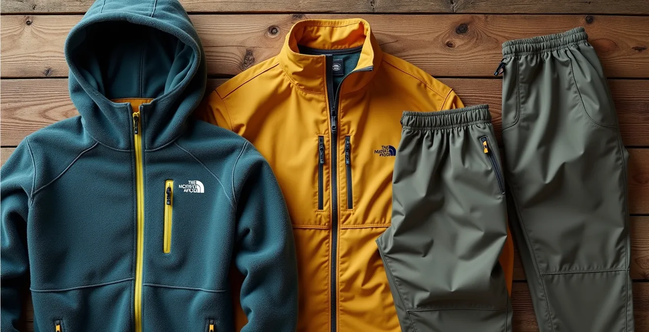 Conjunto de ropa de montaña dispuesto en capas sobre una superficie de madera, mostrando la estrategia de capas.