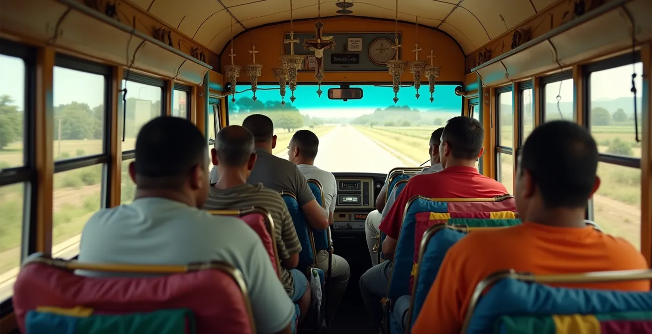 Interior de una guagua dominicana con pasajeros locales y decoración típica