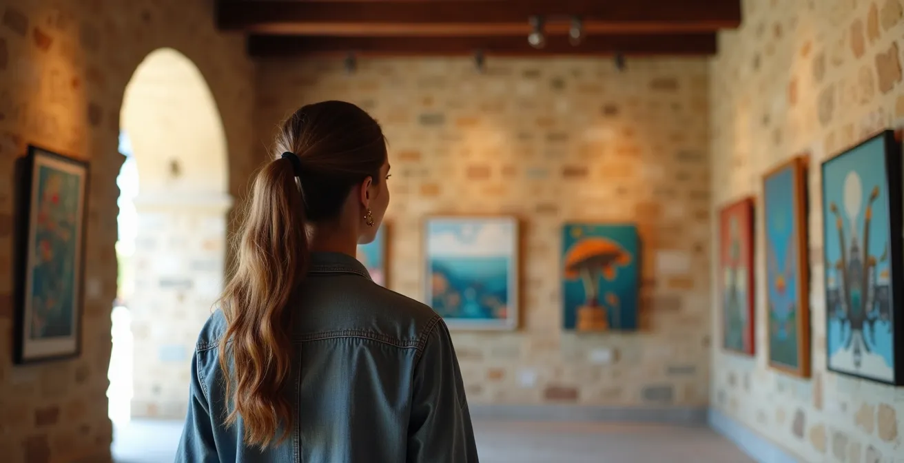 Interior de galería de arte en edificio colonial con obras contemporáneas dominicanas expuestas en paredes de piedra coralina