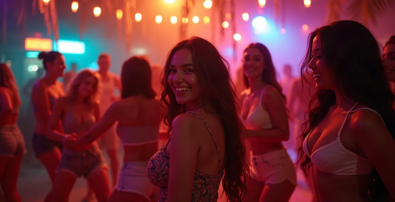 Grupo de viajeras disfrutando de la música en un ambiente nocturno caribeño