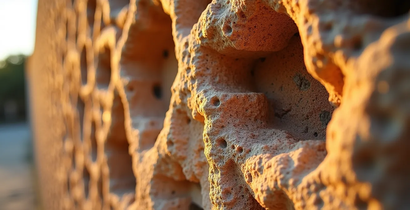 Detalle macro de la textura de piedra coralina iluminada por luz dorada del atardecer, mostrando los fósiles marinos incrustados