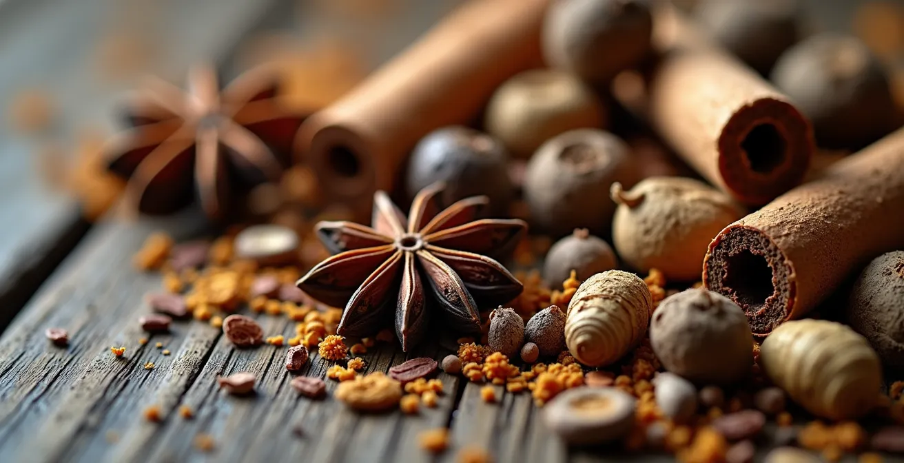 Composición de ingredientes botánicos de la Mamajuana sobre superficie de madera