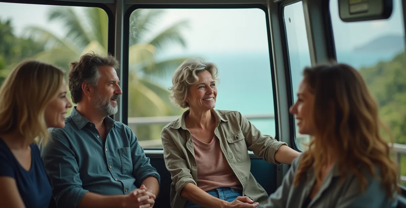 Interior espacioso de la cabina del teleférico con pasajeros relajados mirando el paisaje