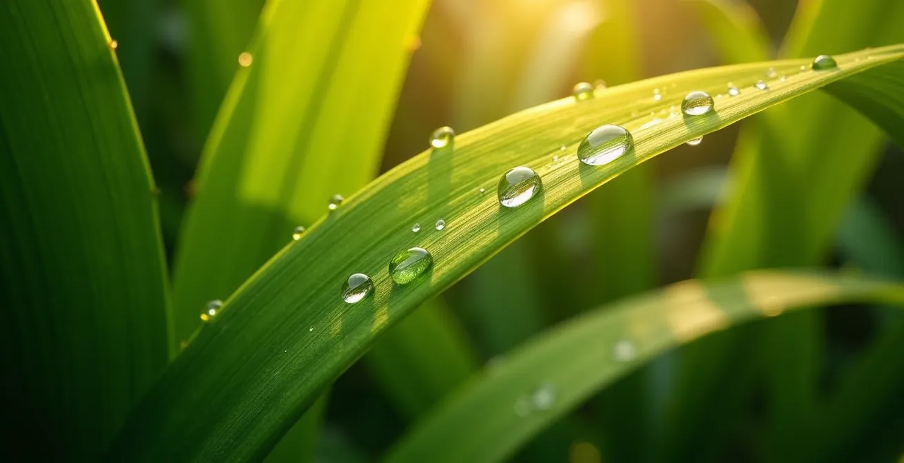 Vista macro de hojas tropicales con rocío matutino en el Jardín Botánico