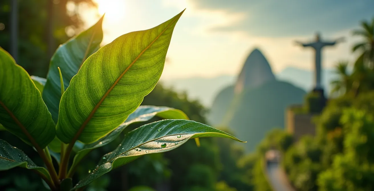 Senderos entre exuberante vegetación tropical con la estatua del Cristo Redentor al fondo