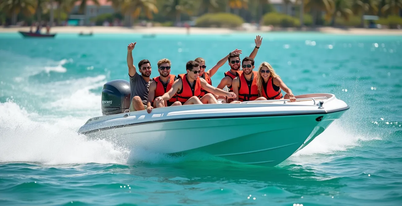 Lancha rápida moderna con grupo reducido de turistas navegando por aguas turquesas del Caribe