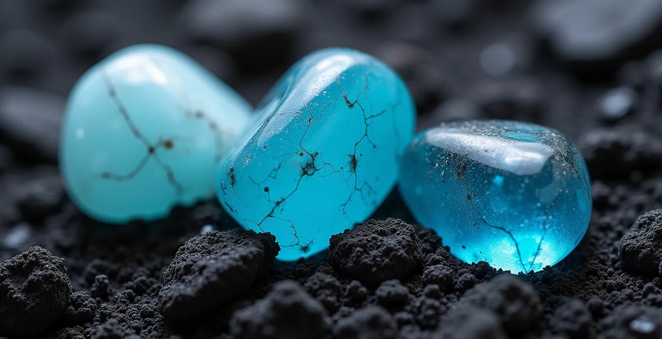 Clasificación de larimar mostrando diferentes grados de azul desde claro hasta volcán