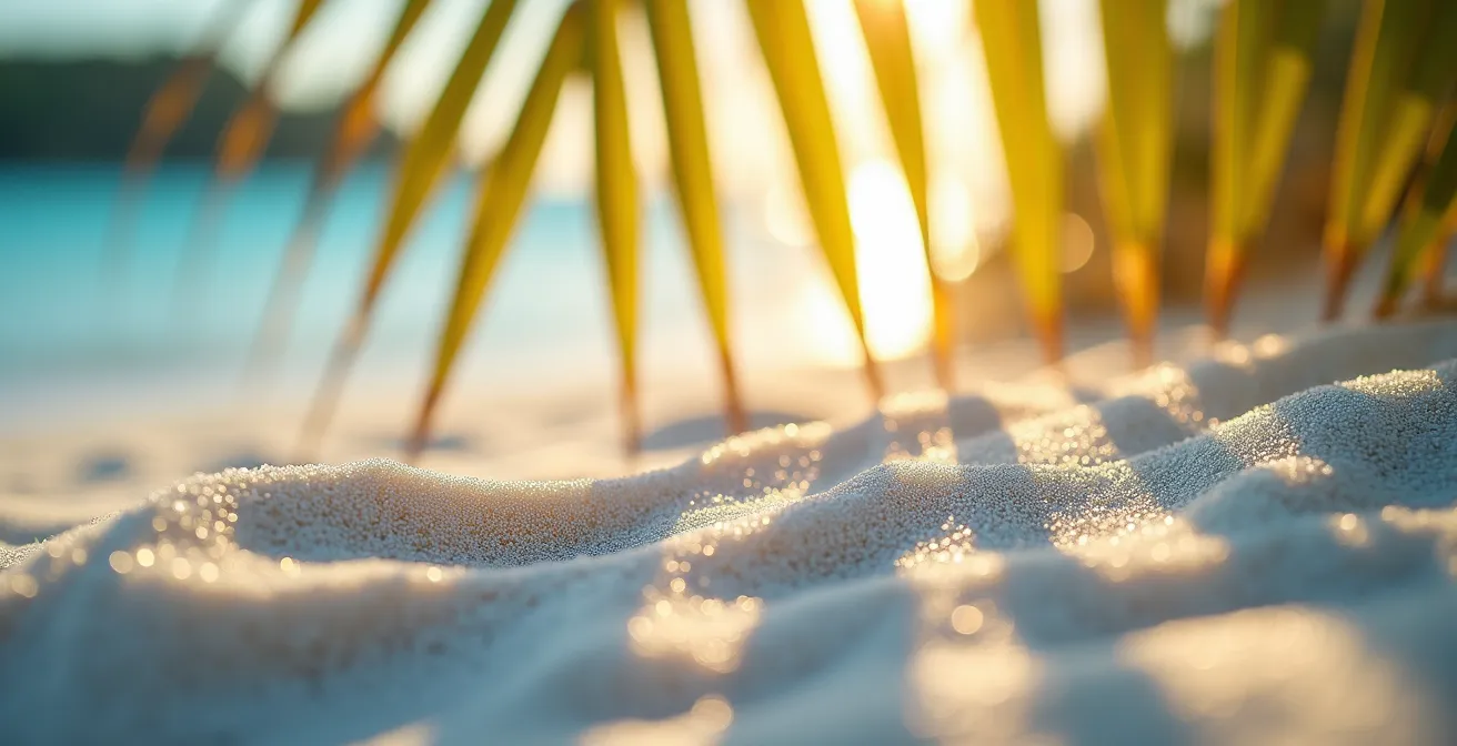 Amanecer dorado sobre playa caribeña con palmeras proyectando sombras largas