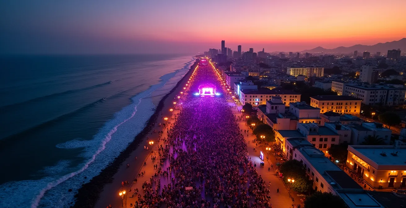 Vista panorámica del Malecón durante el festival con multitudes bailando