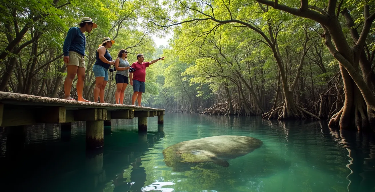 Manatí nadando pacíficamente entre manglares en aguas tranquilas de Estero Hondo