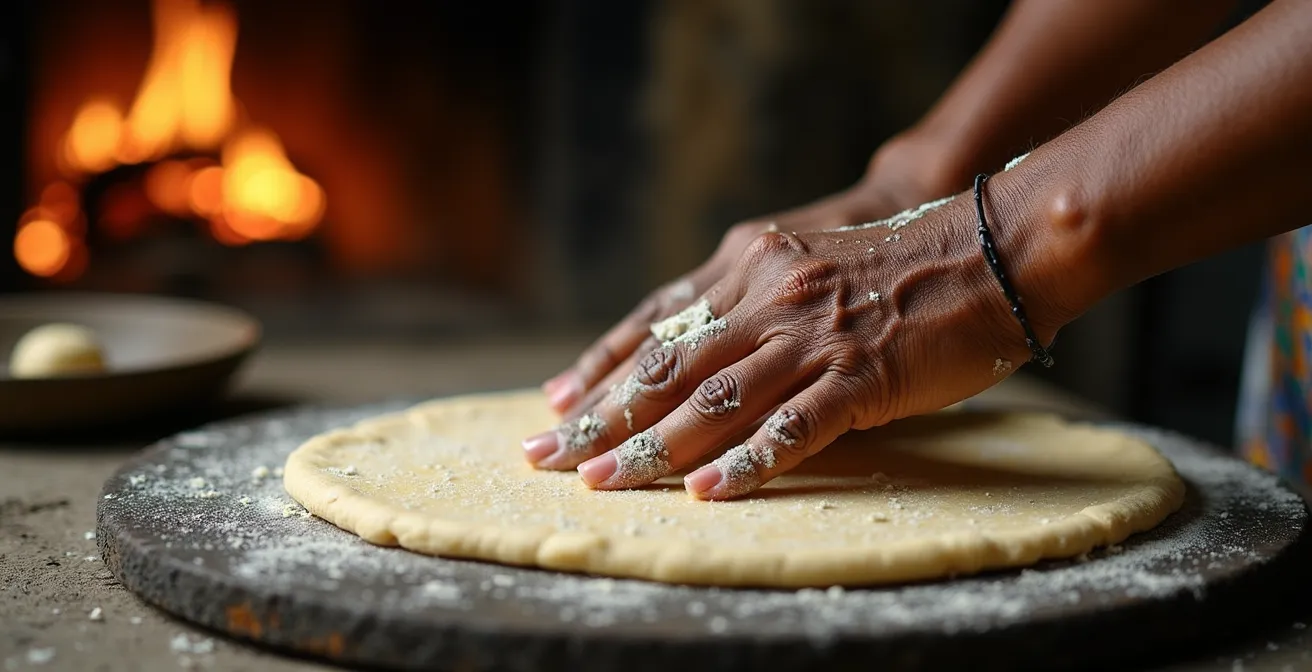 Manos de mujer dominicana trabajando la masa de yuca sobre burén tradicional