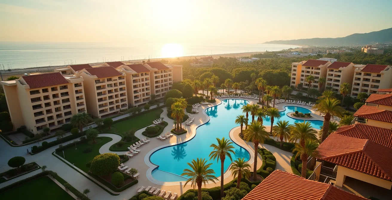 Vista aérea de un resort español mostrando las diferentes zonas del hotel