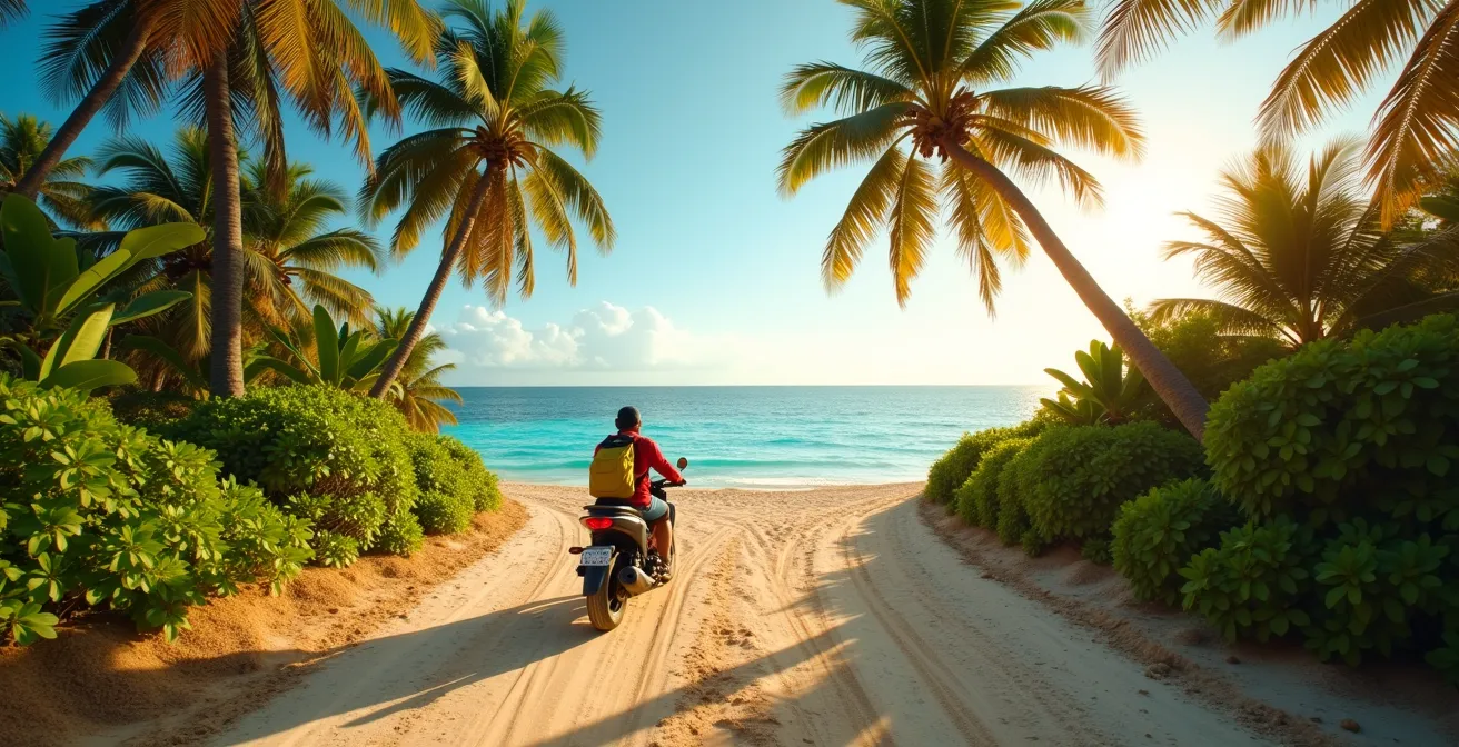 Motoconcho atravesando un camino de tierra hacia una playa virgen dominicana