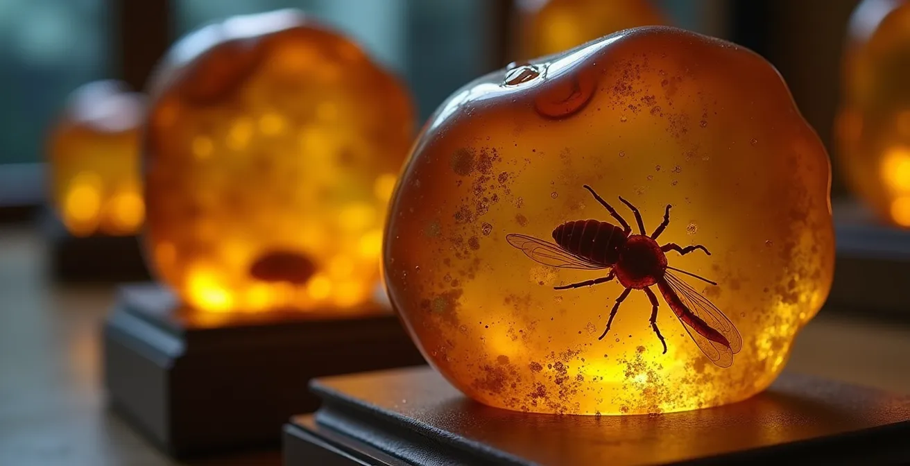 Interior del Museo del Ámbar mostrando vitrinas con piezas de ámbar azul y fósiles prehistóricos iluminados